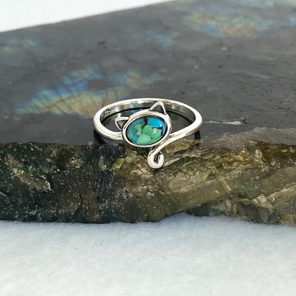 Sterling Silver 925 Turquoise Cabochon Kitty Cat Bypass Style Band Ring Sz 6 - Picture 16 of 16